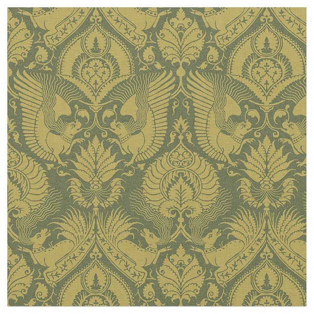 Fancy Damask with Animals, Gold on Green Fabric (Close Up)