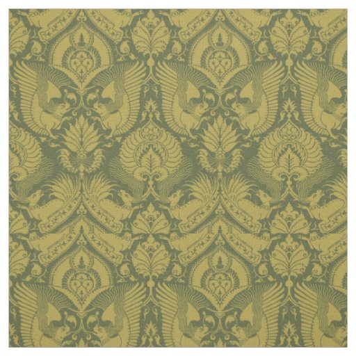Fancy Damask with Animals - Mustard on Dark Olive Fabric