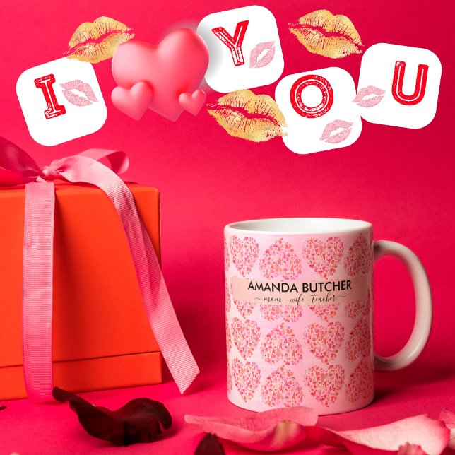 Fancy Decorative Romantic Red & Pink Heart Pattern Latte Mug (Creator Uploaded)