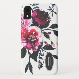 Fancy Deep Color Watercolor Purple Floral Monogram iPhone XR Case