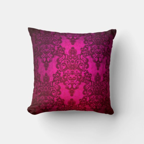 Fancy Deep Glowing Pink Damask Pattern Throw Pillow