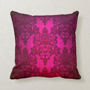 Fancy Deep Glowing Pink Damask Pattern Throw Pillow