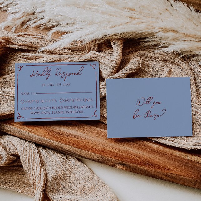 Fancy Deep Red Blue Frame Whimsy Wedding RSVP Card (Creator Uploaded)