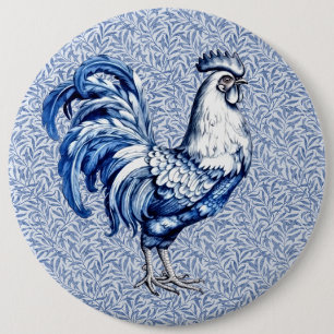 Fancy Delft Blue And White Rooster Chicken Button