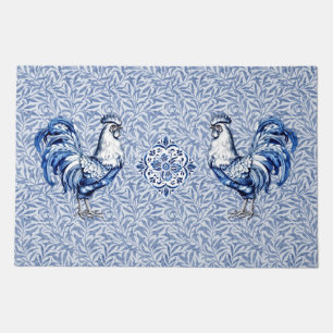 Fancy Delft Blue And White Rooster Chicken Doormat