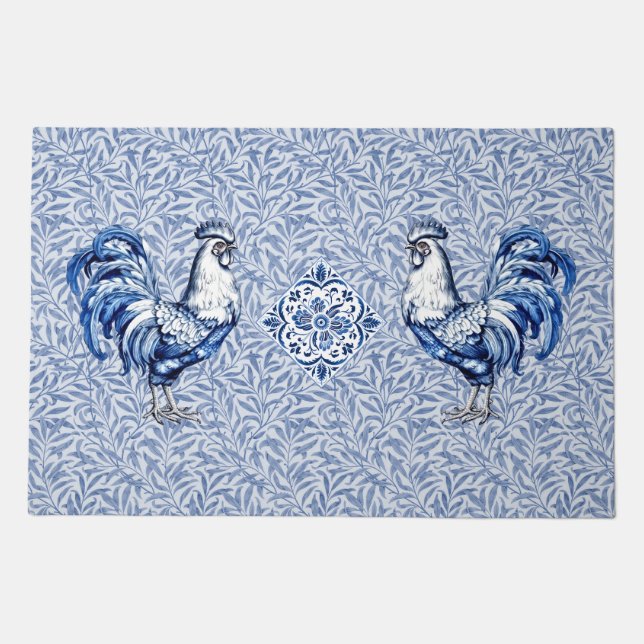 Fancy Delft Blue And White Rooster Chicken Doormat (Front)