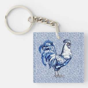 Fancy Delft Blue And White Rooster Chicken Keychain