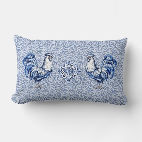 Fancy Delft Blue And White Rooster Chicken Lumbar Pillow