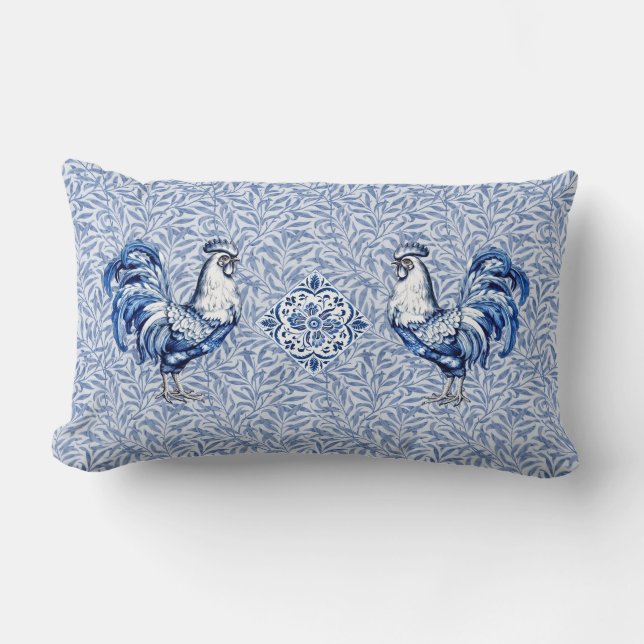 Fancy Delft Blue And White Rooster Chicken Lumbar Pillow (Front)