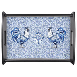 Fancy Delft Blue And White Rooster Chicken Serving Tray