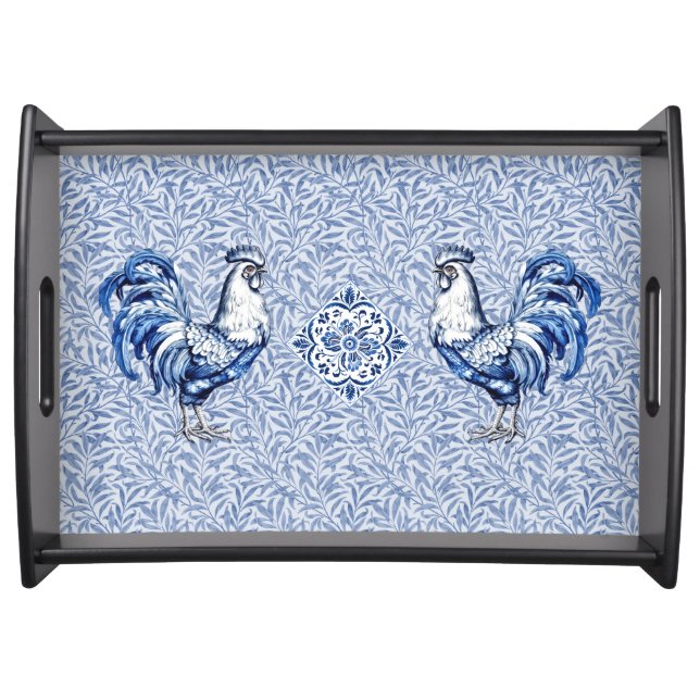 Fancy Delft Blue And White Rooster Chicken Serving Tray (Front)