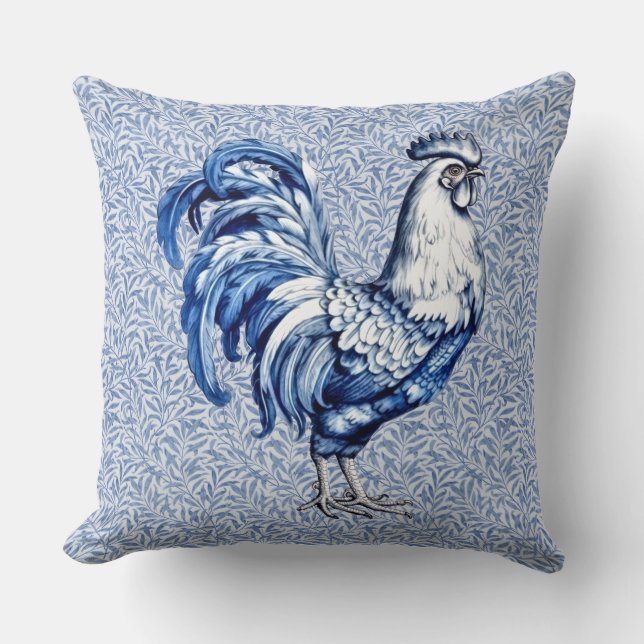 Fancy Delft Blue And White Rooster Chicken Throw Pillow (Front)