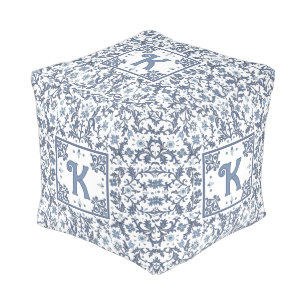 Fancy Denim Blue Floral Pattern Personalized Pouf