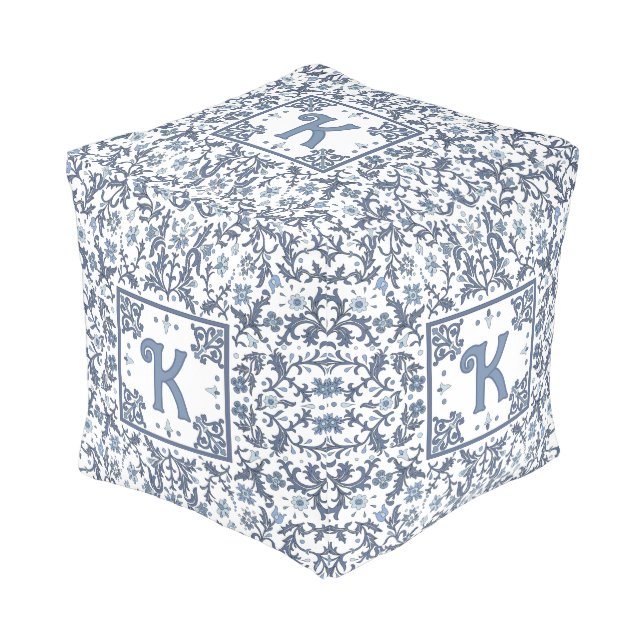 Fancy Denim Blue Floral Pattern Personalized Pouf (Angled Front)