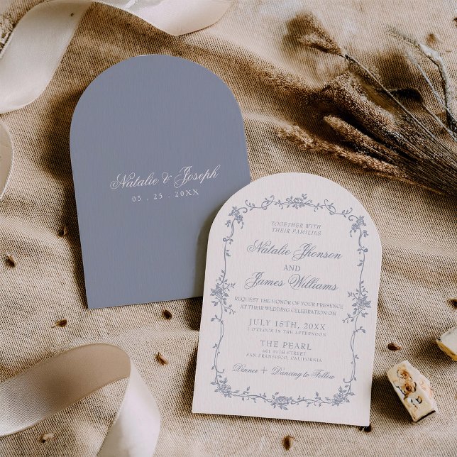 Fancy Dusty Blue Floral Boho Chic Arched Wedding Invitation (Creator Uploaded)
