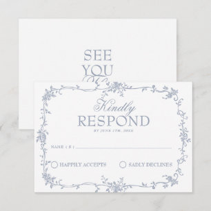 Fancy Dusty Blue Floral Boho Wedding RSVP Card