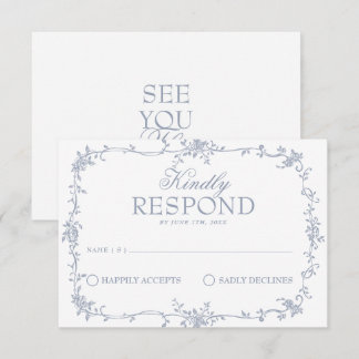 Fancy Dusty Blue Floral Boho Wedding RSVP Card