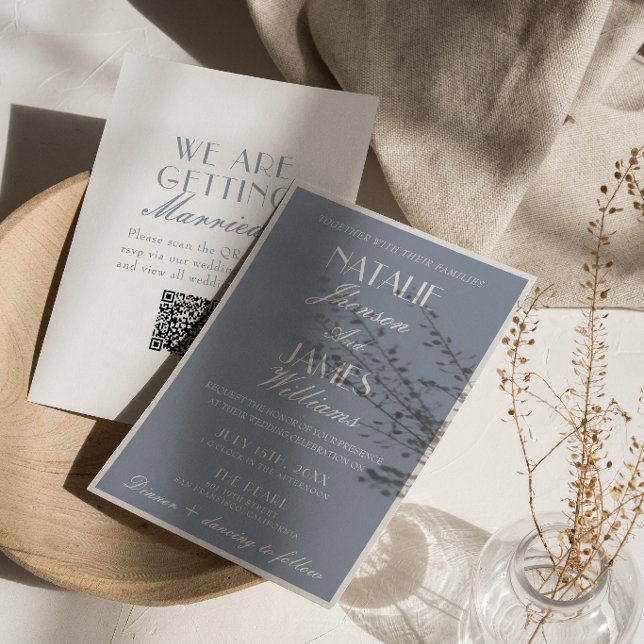 Fancy Dusty Blue Old Money Classic QR Code Wedding Invitation (Creator Uploaded)