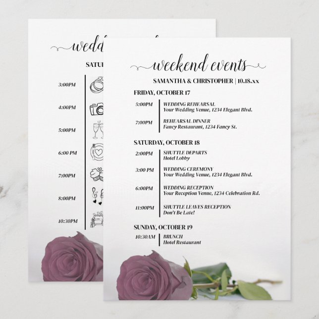 Fancy Dusty Mauve Rose Wedding Events & Timeline Program (Front/Back)
