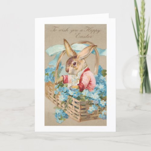 Fancy Easter Bunny in Basket with Forget_Me_Nots Holiday Card