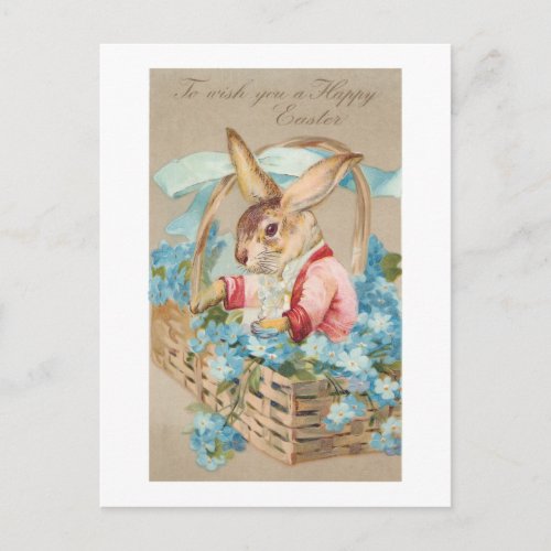 Fancy Easter Bunny in Basket with Forget_Me_Nots Postcard