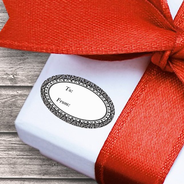 Fancy Elegant Black White Damask Design Oval Sticker (Abstract black and white elegant damask with scrolls pattern on oval give tag sticker.)