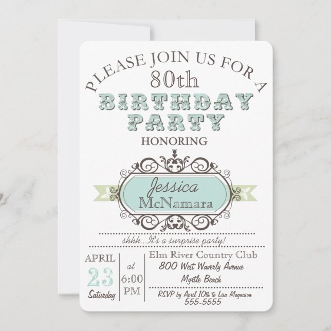 Fancy Elegant Blue and White Birthday Invitation (Front)