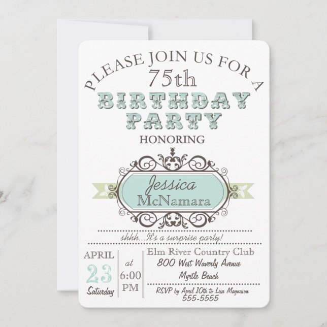 Fancy Elegant Blue and White Birthday Invitation (Front)