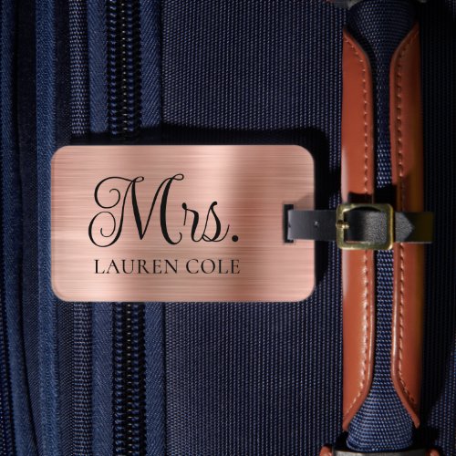 Fancy Elegant Faux Rose Gold Brushed Metal Mrs Luggage Tag