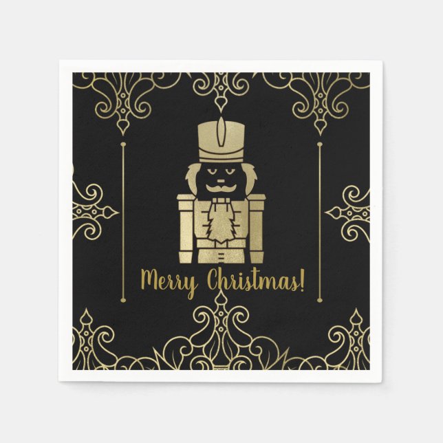 Fancy Elegant Gold Black Nutcracker Holiday Party Napkins (Front)