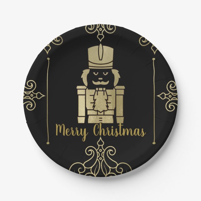 Fancy Elegant Gold Black Nutcracker Holiday Party Paper Plates (Front)