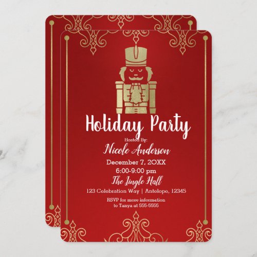 Fancy Elegant Gold  Red Nutcracker Holiday Party Invitation