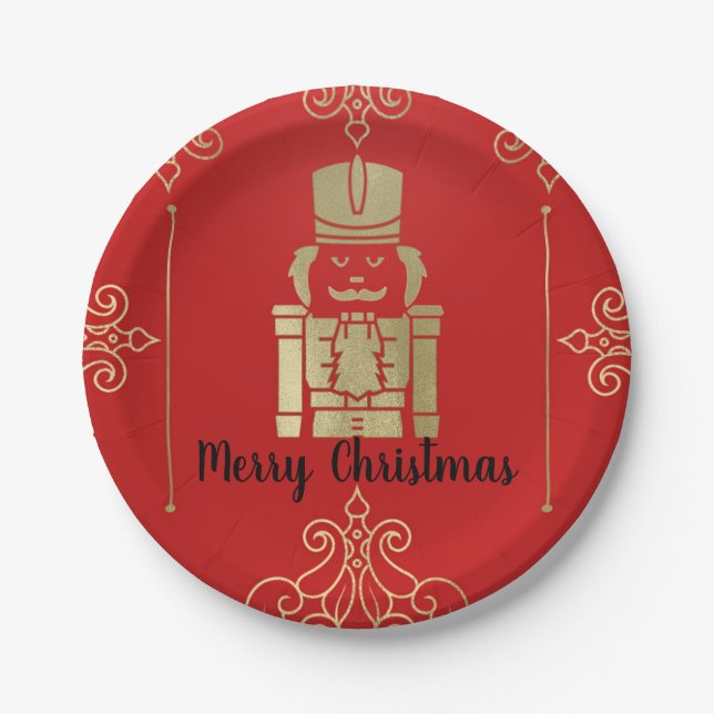 Fancy Elegant Gold & Red Nutcracker Holiday Party Paper Plates (Front)