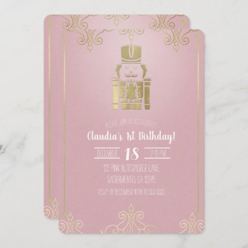 Fancy Elegant Pink  Gold Nutcracker 1st Birthday Invitation