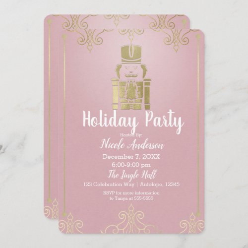 Fancy Elegant Pink  Gold Nutcracker Holiday Party Invitation