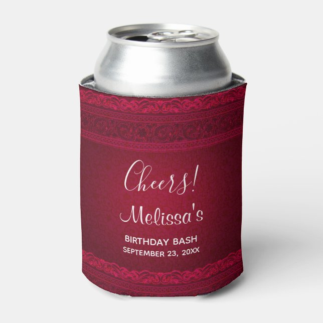 Fancy & Elegant Red Background Stylish Birthday Can Cooler (Can Front)