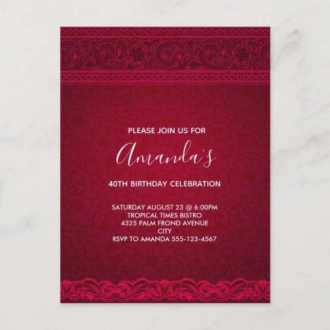 Fancy & Elegant Red Background Stylish Birthday Invitation Postcard (Front)