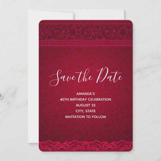 Fancy & Elegant Red Background Stylish Birthday Save The Date (Front)