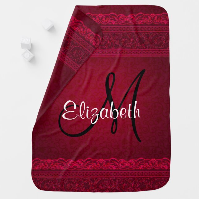 Fancy & Elegant Red Background Stylish Monogram Baby Blanket (In Situ)