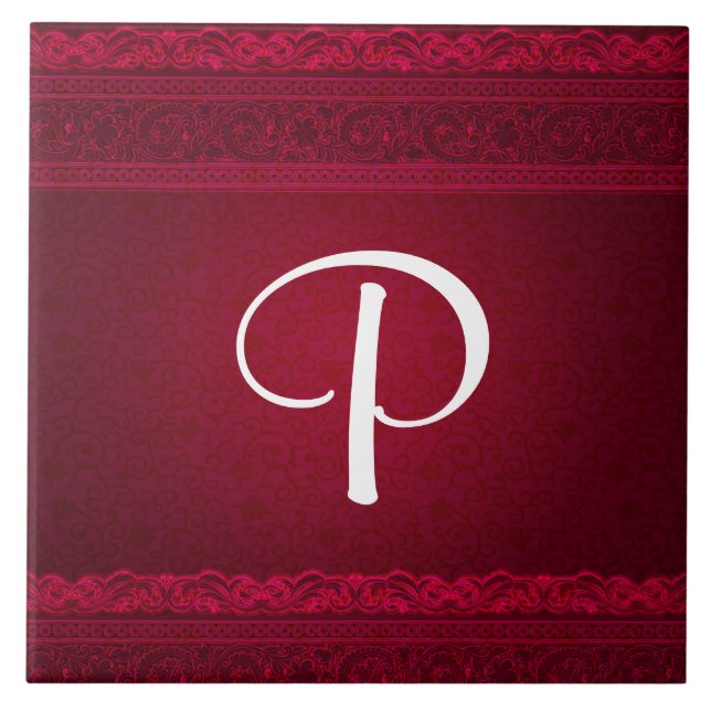 Fancy & Elegant Red Background Stylish Monogram Ceramic Tile (Front)