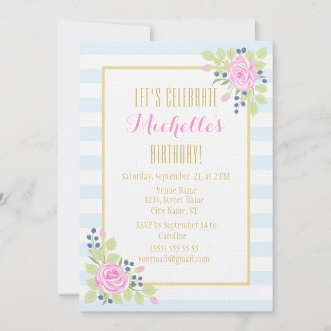 Fancy Elegant Roses Blueberry Birthday Invitation (Front)