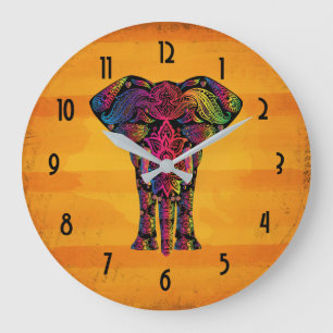 Fancy Elephant Illustration - Decorative Pattern Large Clock