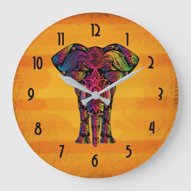 Fancy Elephant Illustration - Decorative Pattern Large Clock (Front)