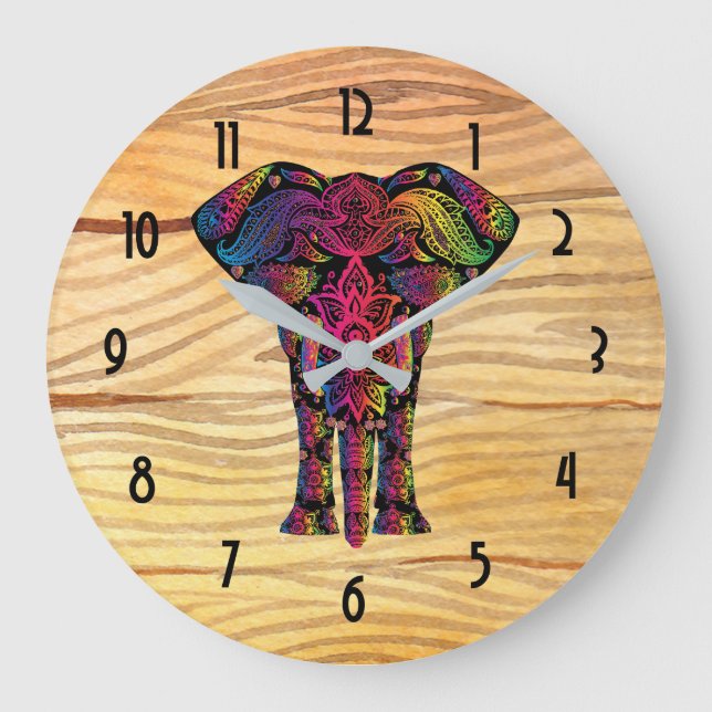 Fancy Elephant Illustration - Decorative Pattern Large Clock (Front)