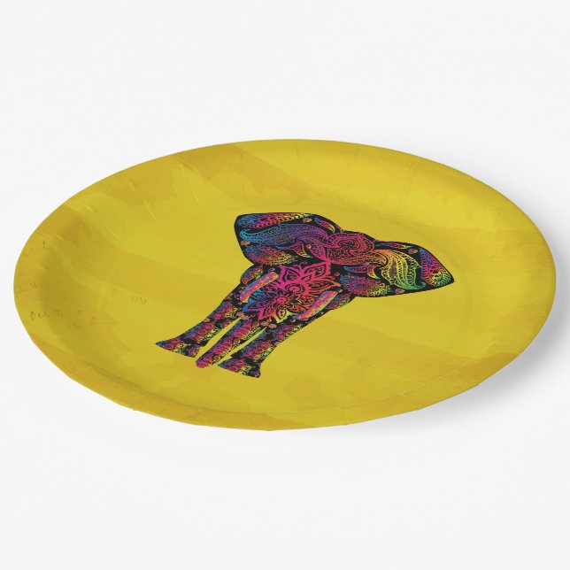 Fancy Elephant Illustration - Decorative Pattern Paper Plates (Angled)