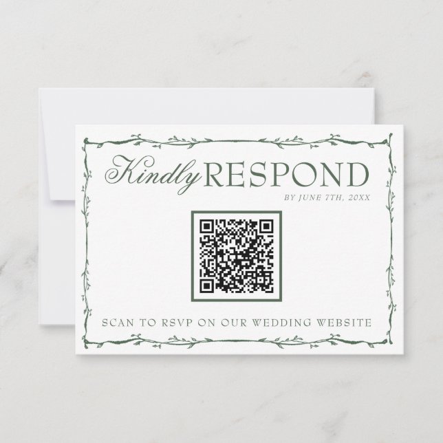 Fancy Emerald Green Branches Boho QR Code Wedding RSVP Card (Front)