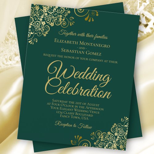 Fancy Emerald Green  Gold BUDGET Wedding Invite