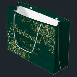Fancy Emerald Green & Gold Elegant Bridesmaid Large Gift Bag<br><div class="desc">This beautiful gift bag is designed as a wedding gift or favor bag for Bridesmaids. It features an elegant emerald green and gold design with ornate golden frills in the corners the text "Bridesmaid" as well as a place to enter her name, the couple's name, and the wedding date. Fill...</div>
