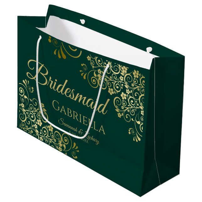 Fancy Emerald Green & Gold Elegant Bridesmaid Large Gift Bag (Front Angled)