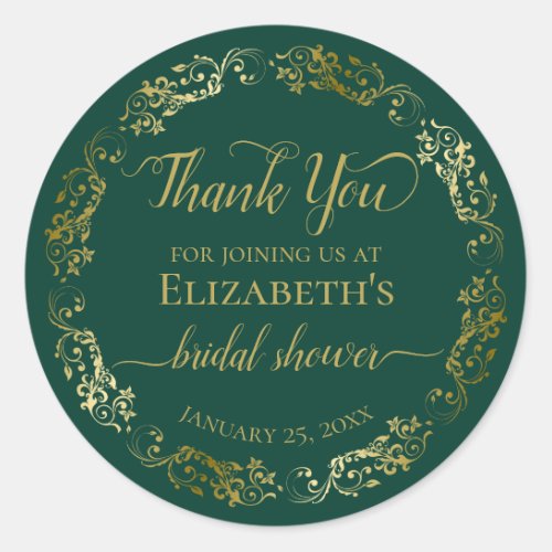 Fancy Emerald Green  Gold Thank You Bridal Shower Classic Round Sticker